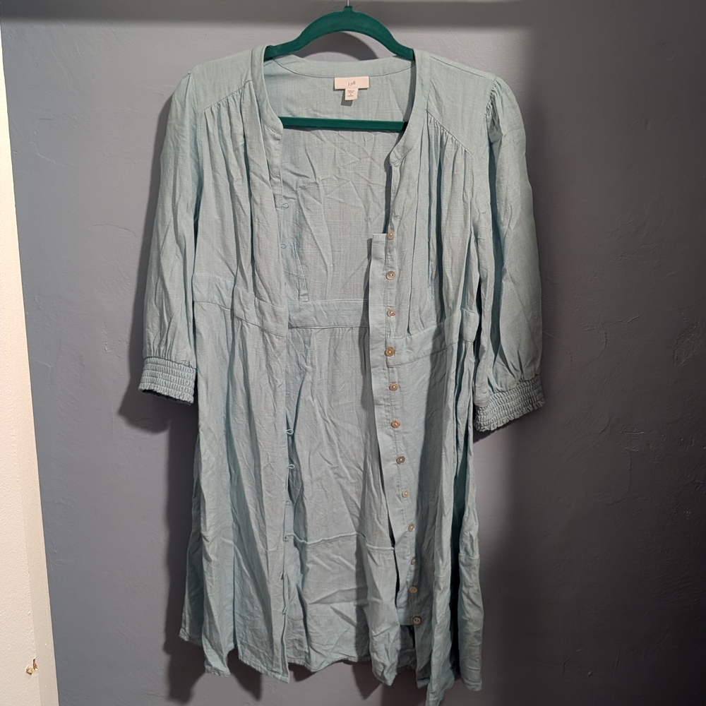 Aqua Soft Linen Preppy Puff Sleeve Boho Button Down Dress Duster